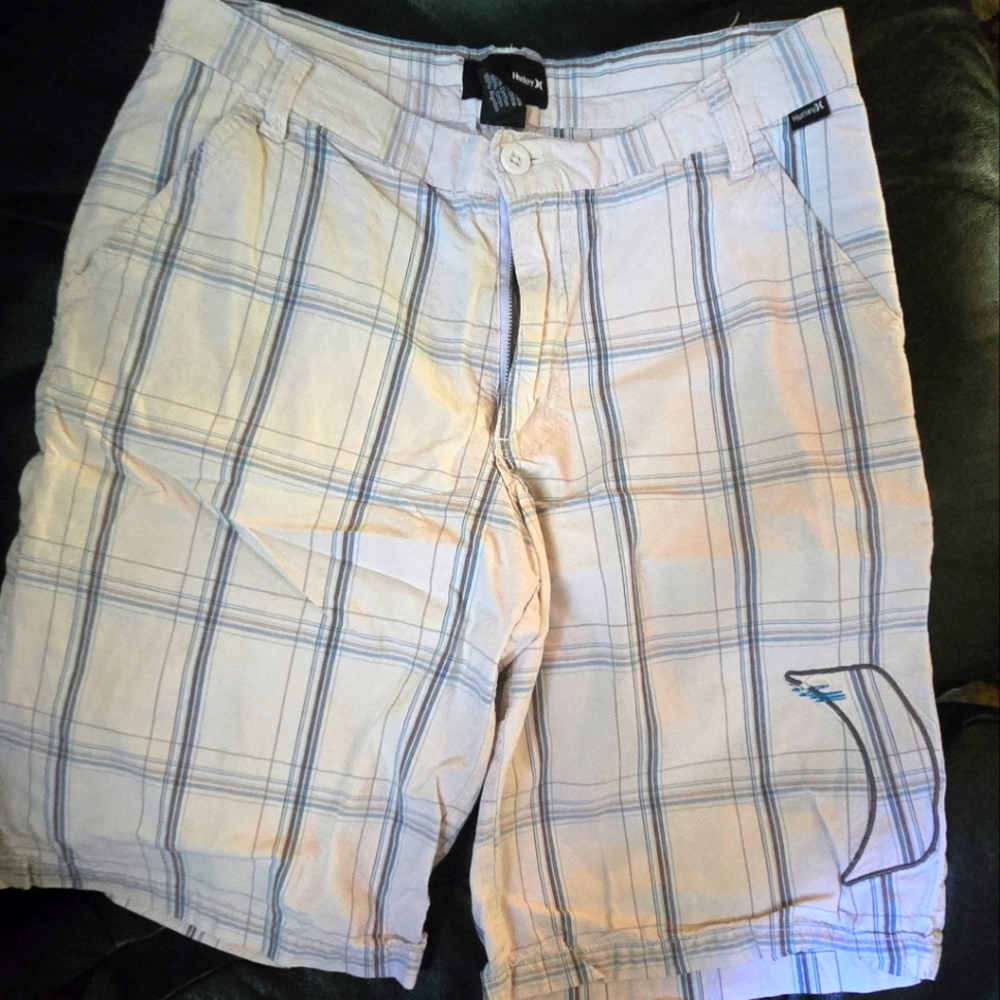 Hurley Men's Flat Front Shorts White & Blue Plaid Cool Skate Shorts Sz30"/18